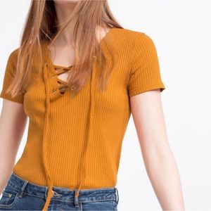 Zara Trafaluc Lace Up Ribbed T-Shirt